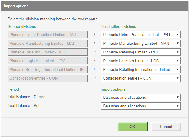 Image shows Source divisions on the left and destination divisions on the right in the Import options screen